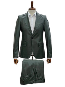 Mens Faux Leather Suit, Notch Lapel with Pick Stitching, 1 Button, Pocket Flaps, Center Vent - Slim Fitted in Color Olive