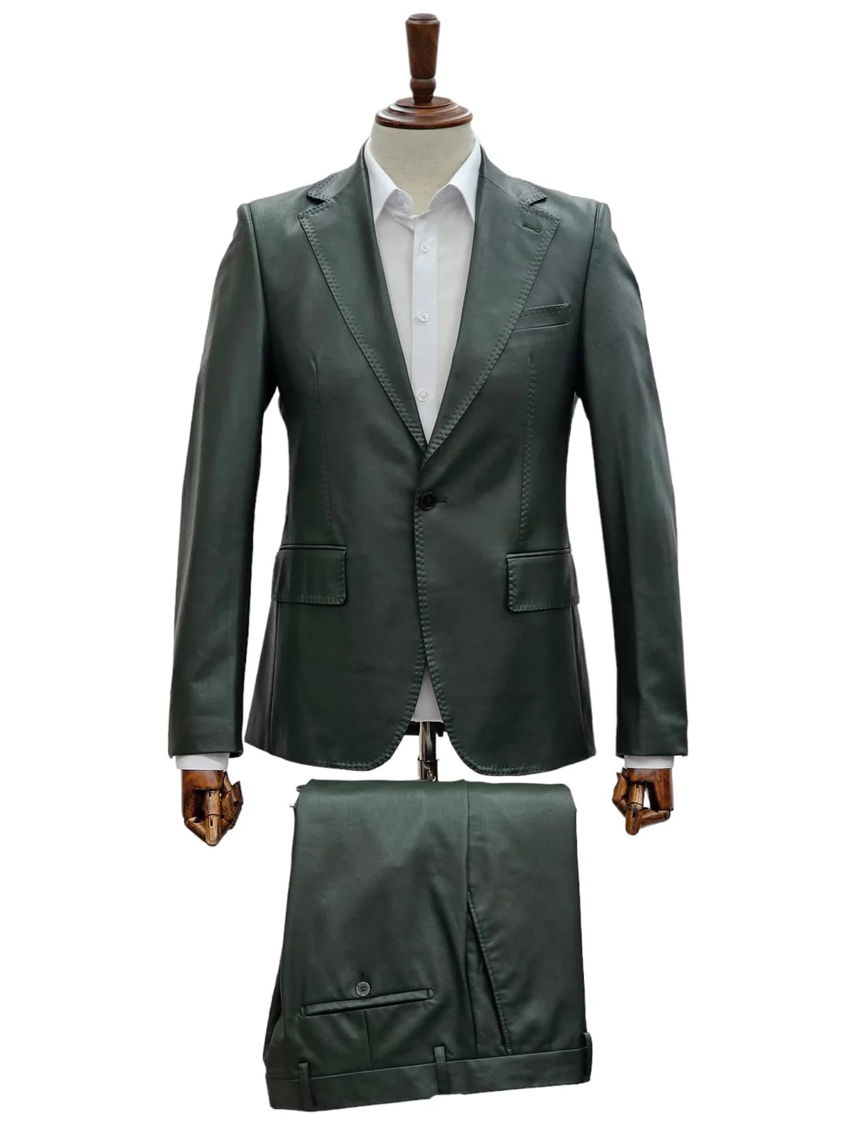 Mens 1 Button Slim Fit Leather Suit Olive - Image 2