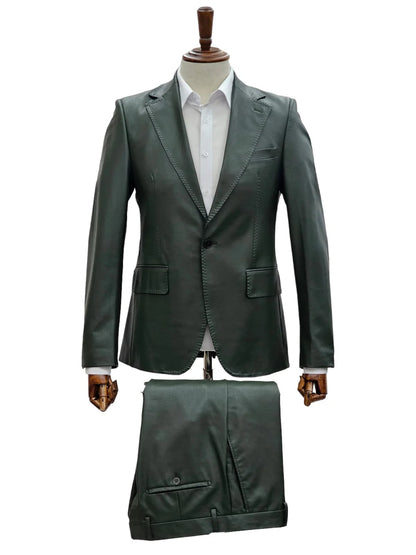 Mens 1 Button Slim Fit Leather Suit Olive - Image 2