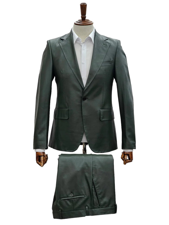 Mens 1 Button Slim Fit Leather Suit Olive - Image 2