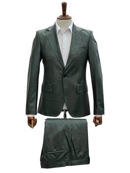 Mens 1 Button Slim Fit Leather Suit Olive - Image 2