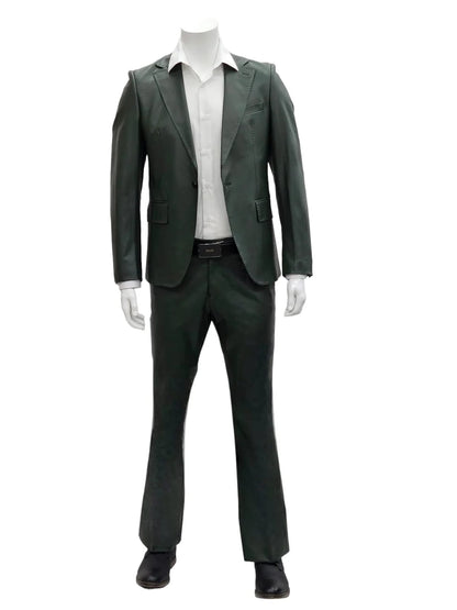 Mens Faux Leather Suit, Notch Lapel with Pick Stitching, 1 Button, Pocket Flaps, Center Vent - Slim Fitted in Color Olive - Image 3