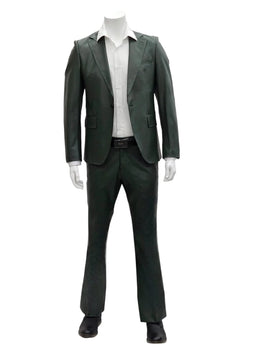 Mens Faux Leather Suit, Notch Lapel with Pick Stitching, 1 Button, Pocket Flaps, Center Vent - Slim Fitted in Color Olive - Image 3