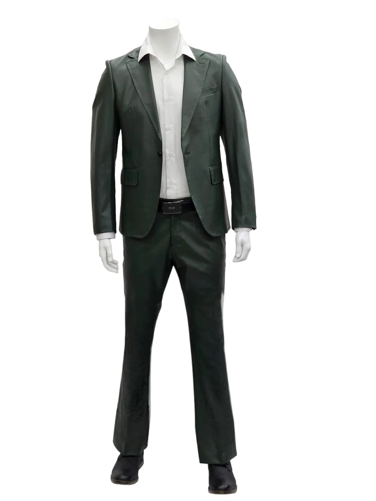 Mens Faux Leather Suit, Notch Lapel with Pick Stitching, 1 Button, Pocket Flaps, Center Vent - Slim Fitted in Color Olive - Image 4