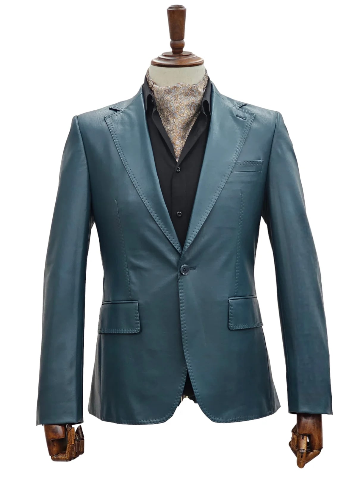 Mens 1 Button Slim Fit Leather Suit Blue - Image 2