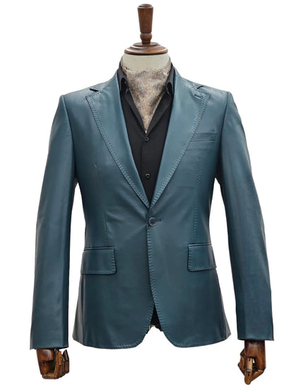 Mens 1 Button Slim Fit Leather Suit Blue - Image 2