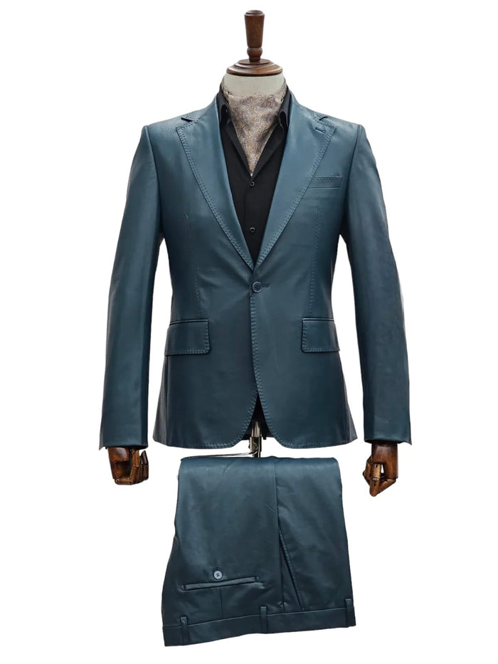 Mens 1 Button Slim Fit Leather Suit Blue - Image 3