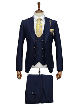 Giovanni Testi Navy Blue 3 Piece Suit – Slim Fit 1 Button Peak Lapel with Double Breasted Vest