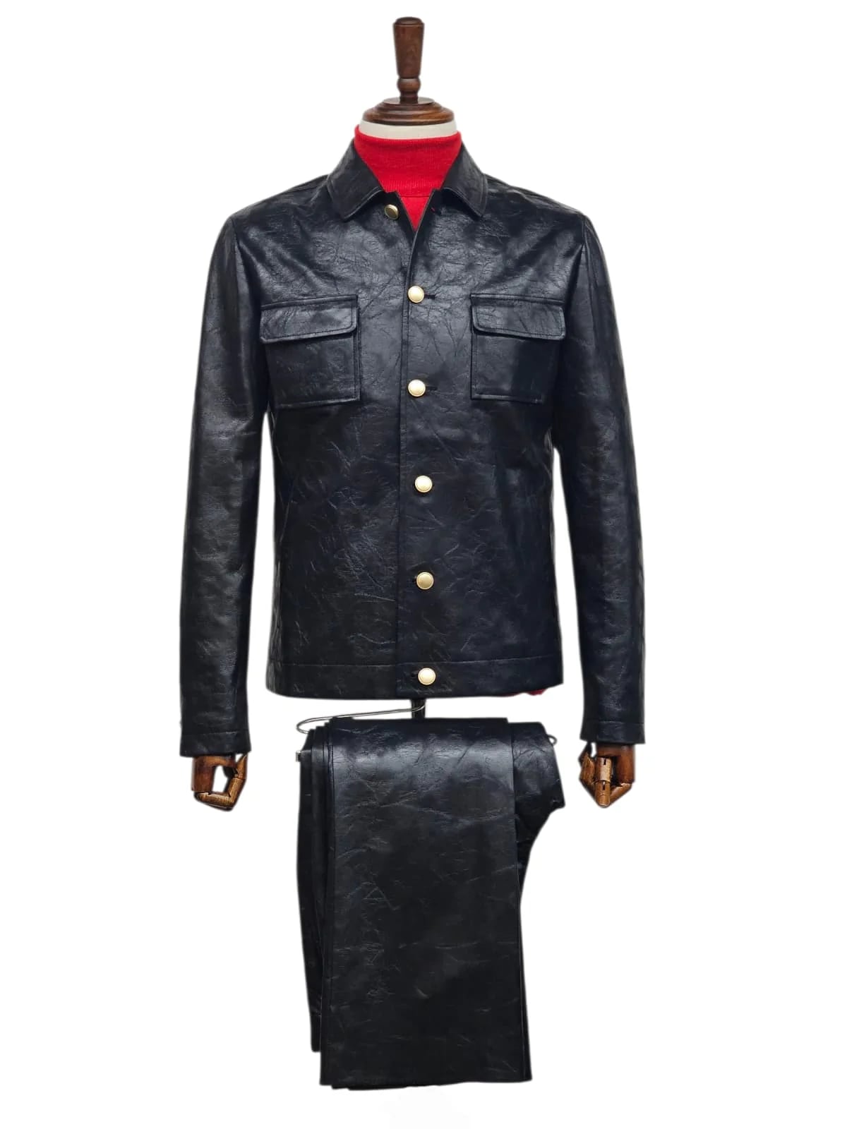Mens Five Button Slim Fit Leather Suit Black - Image 3