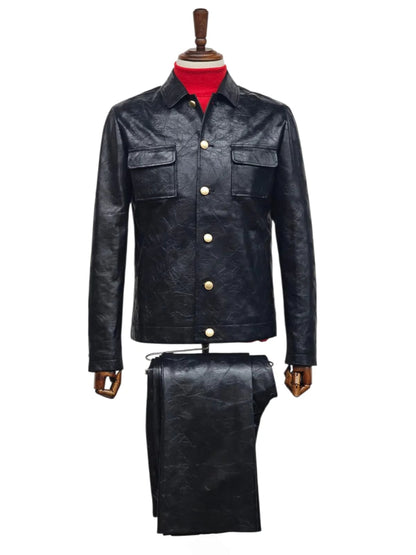 Mens Five Button Slim Fit Leather Suit Black - Image 3