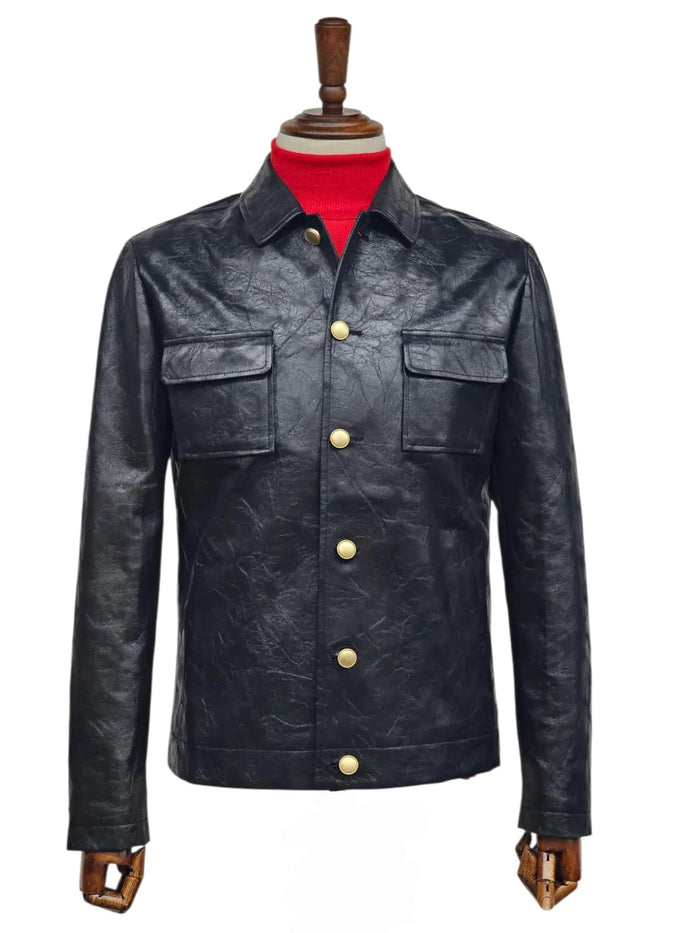 Mens Five Button Slim Fit Leather Suit Black - Image 4