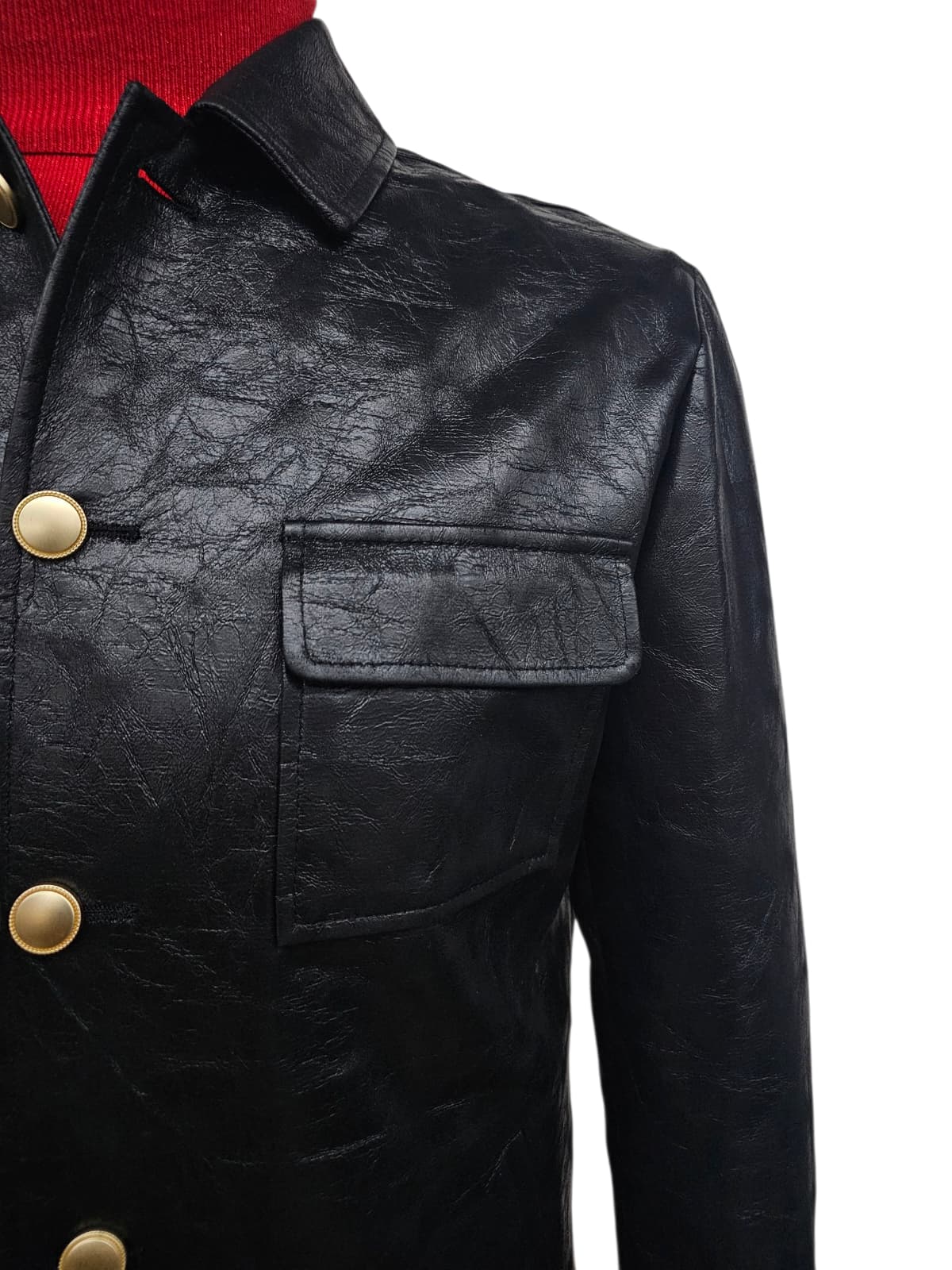 Mens Five Button Slim Fit Leather Suit Black - Image 5