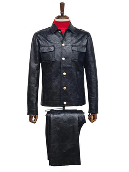Mens Five Button Slim Fit Leather Suit Black - Image 3