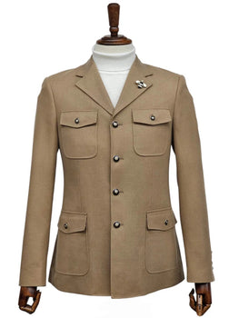 Mens Giovanni Testi Beige 2-Piece Suit – Slim Fit 4-Button Blazer with Patch Pockets