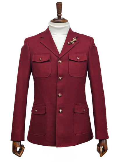 Mens Giovanni Testi 2 Piece Burgundy Suit – Slim Fit 4 Button Blazer with Notch Lapel & Flap Pockets
