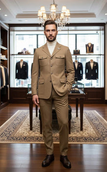 Mens Giovanni Testi Beige 2-Piece Suit – Slim Fit 4-Button Blazer with Patch Pockets
