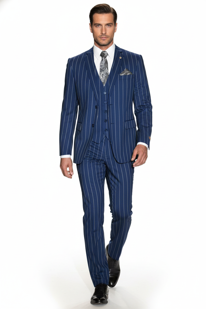 Men's Bold Gangster 1920s Vintage Navy Blue ~ White Gangster Bold Stripe 2 Button Vested Dress Suits for Men - Image 5