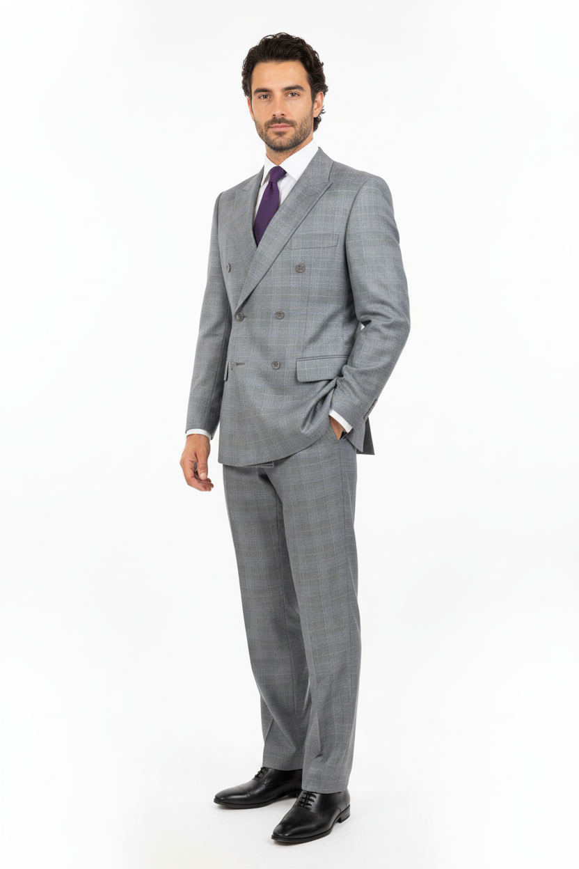 Mens Classic Wool Feel Double Breasted Glen Plaid Suit in Grey - Image 2