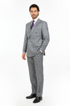 Mens Classic Wool Feel Double Breasted Glen Plaid Suit in Grey - Image 2