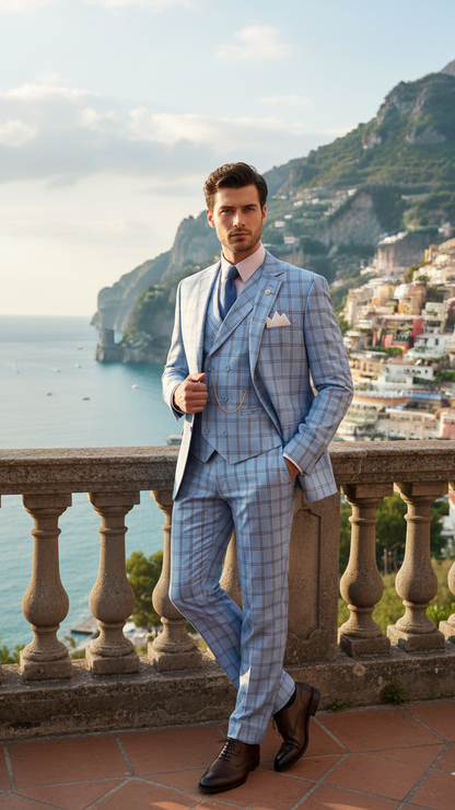 Lazio Collection - Modern Fit Windowpane Suit 3 Piece in Light Blue - Image 2