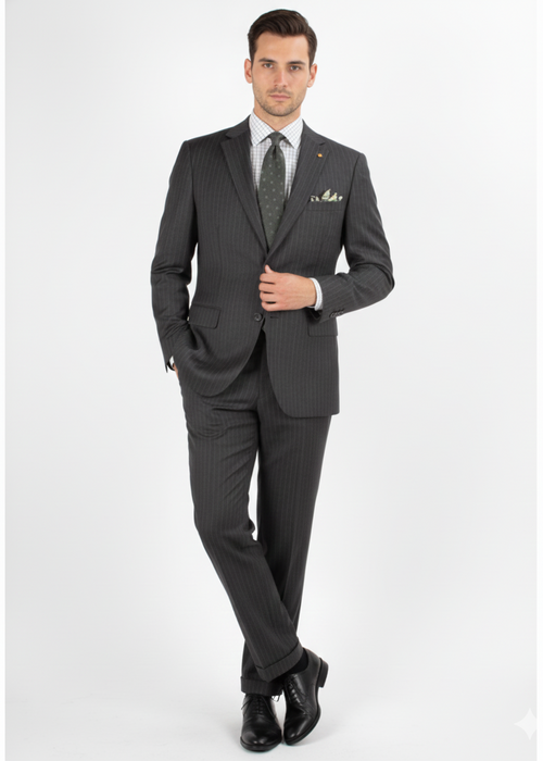 Men'S 2 Piece 100% Executive Suit - Charcoal With Silver Stripe ~ Pinstripe - 100% Percent Wool Fabric Suit - Worsted Wool Business Suit