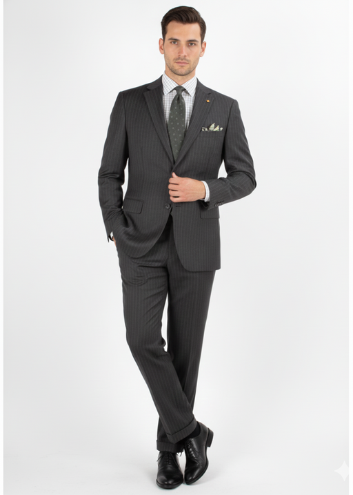 Men'S 2 Piece 100% Executive Suit - Charcoal With Silver Stripe ~ Pinstripe - 100% Percent Wool Fabric Suit - Worsted Wool Business Suit
