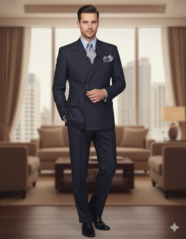 High Quality Dark Navy Blue Suit For Men & Chalk Bold White Pinstripe Double Breasted  100% Poly-Ray Suit - Image 9