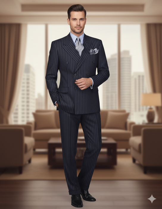 High Quality Dark Navy Blue Suit For Men & Chalk Bold White Pinstripe Double Breasted  100% Poly-Ray Suit