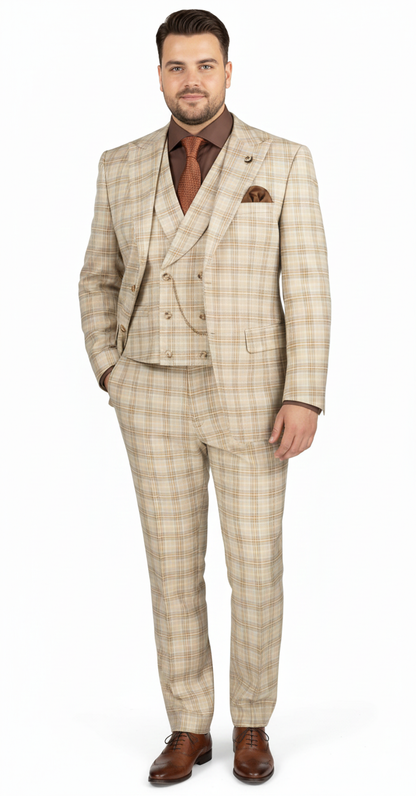 Khaki Plaid Suit - Vested Suit - 3 Piece Suits - Peak Lapel Suits - Windowpane Suit - 2 Button - Image 10