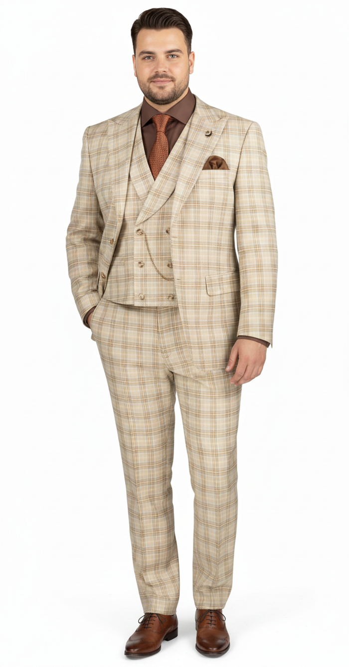 Khaki Plaid Suit - Vested Suit - 3 Piece Suits - Peak Lapel Suits - Windowpane Suit - 2 Button - Image 10
