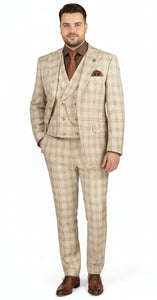 Khaki Plaid Suit - Vested Suit - 3 Piece Suits - Peak Lapel Suits - Windowpane Suit - 2 Button