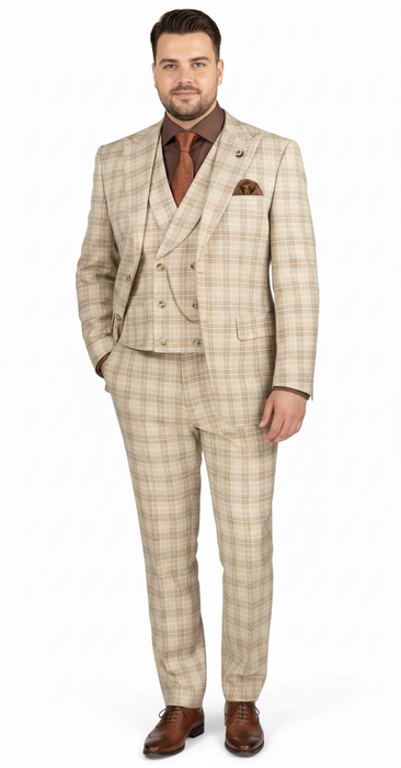 Khaki Plaid Suit - Vested Suit - 3 Piece Suits - Peak Lapel Suits - Windowpane Suit - 2 Button