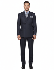 High Quality Dark Navy Blue Suit For Men & Chalk Bold White Pinstripe Double Breasted  100% Poly-Ray Suit