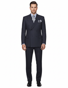 High Quality Dark Navy Blue Suit For Men & Chalk Bold White Pinstripe Double Breasted  100% Poly-Ray Suit