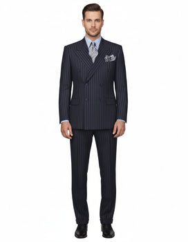 High Quality Dark Navy Blue Suit For Men & Chalk Bold White Pinstripe Double Breasted  100% Poly-Ray Suit
