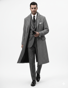 Houndstooth Overcoat - Black and White Checker And Real Wool Fabric Topcoat By Alberto Nardoni