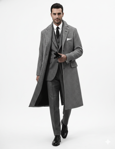 Houndstooth Overcoat - Black and White Checker And Real Wool Fabric Topcoat By Alberto Nardoni