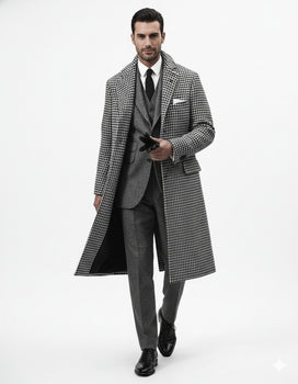 Houndstooth Overcoat - Black and White Checker And Real Wool Fabric Topcoat By Alberto Nardoni