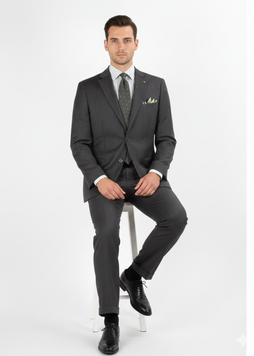 Men'S 2 Piece 100% Executive Suit - Charcoal With Silver Stripe ~ Pinstripe - 100% Percent Wool Fabric Suit - Worsted Wool Business Suit - Image 2