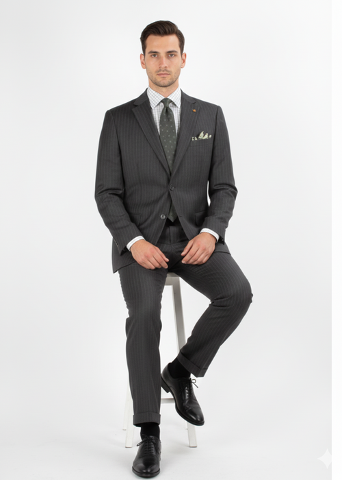 Men'S 2 Piece 100% Executive Suit - Charcoal With Silver Stripe ~ Pinstripe - 100% Percent Wool Fabric Suit - Worsted Wool Business Suit
