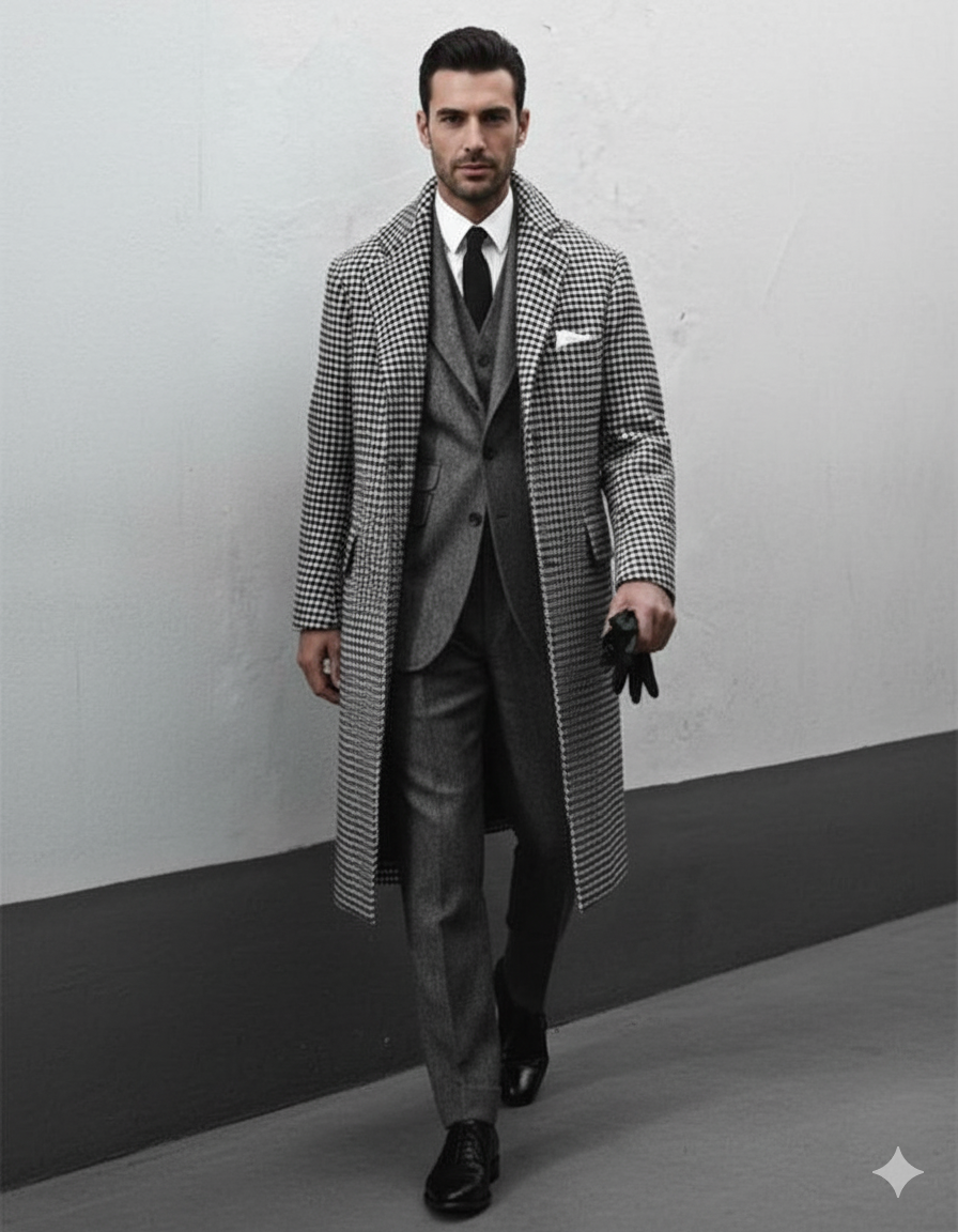 Houndstooth Overcoat - Black and White Checker And Real Wool Fabric Topcoat By Alberto Nardoni - Image 8