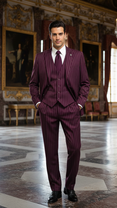 Men's Gangster Bold PinStripe Stripes Chalk Pinstripe Vested 3 Piece Fashion Suit 1920;s 30s Fashion in 10 Colors Collection For August/1/2021