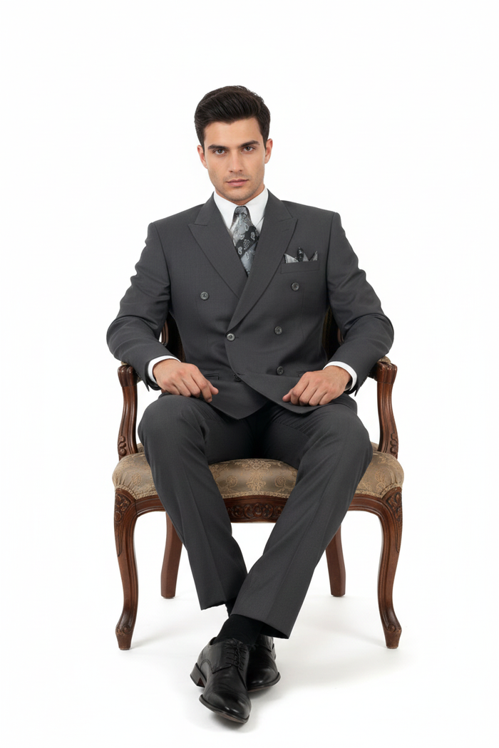 Mens Classic Wool Feel Double Breasted Suit in Heather Grey - Image 3