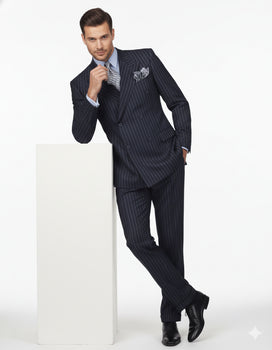 High Quality Dark Navy Blue Suit For Men & Chalk Bold White Pinstripe Double Breasted  100% Poly-Ray Suit - Image 3