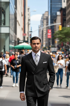 Mens Italian Wool Suit Color Black - Men's Designer Double Breasted Wool Bold Black Gangster Pinstripe Suit - Image 8