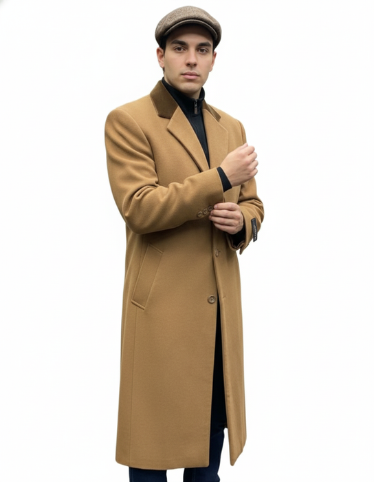 Chesterfield Camel Overcoat With Brown Velvet Collar - Cashmere Blend Topcoat - Full Length Overcoat