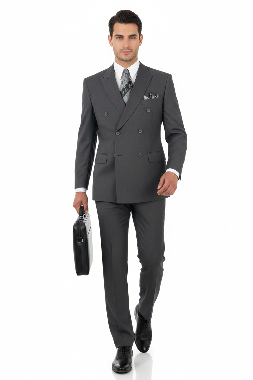 Mens Classic Wool Feel Double Breasted Suit in Heather Grey - Image 4