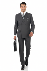 Mens Classic Wool Feel Double Breasted Suit in Heather Grey