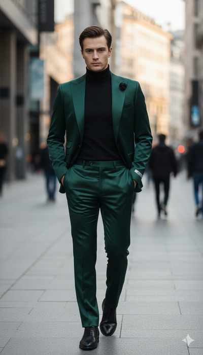 Mens Single Breast Green Sateen Shiny Fabric Metallic Fabric - Sharskin Suit