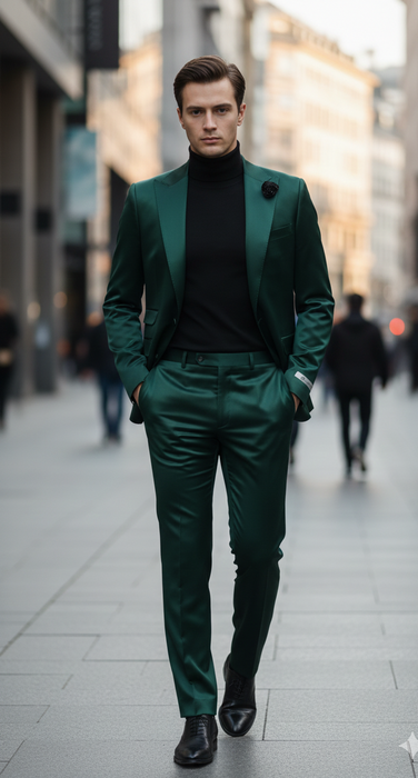 Mens Single Breast Suit Green - Sateen Shiny Fabric Metallic Fabric - Sharskin